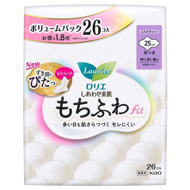 Kao - Laurier Happy Skin Mochifuwa Fit Объемная упаковка Для обильных выделений Дневное использование 25 см С крылышками