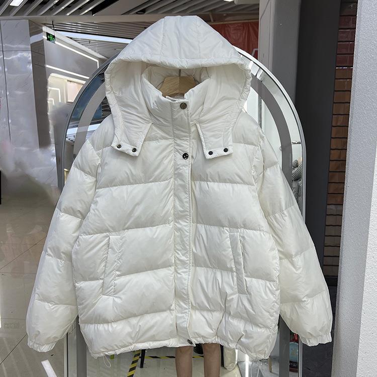 2024 новый пуховик с шапкой женский короткий корейский вариант однотонный простой белый утиный пух зимнее пальто тренд утолщенный