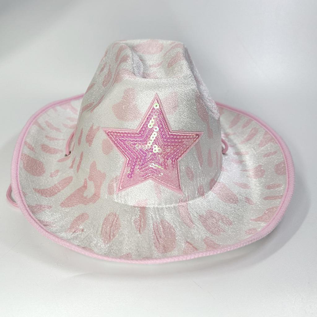 Pink Cowgirl Hats Glitter Sequins Star Decorations Rave Cowboy Hat with Cow Print Adult Size Cowboy Hats for Party