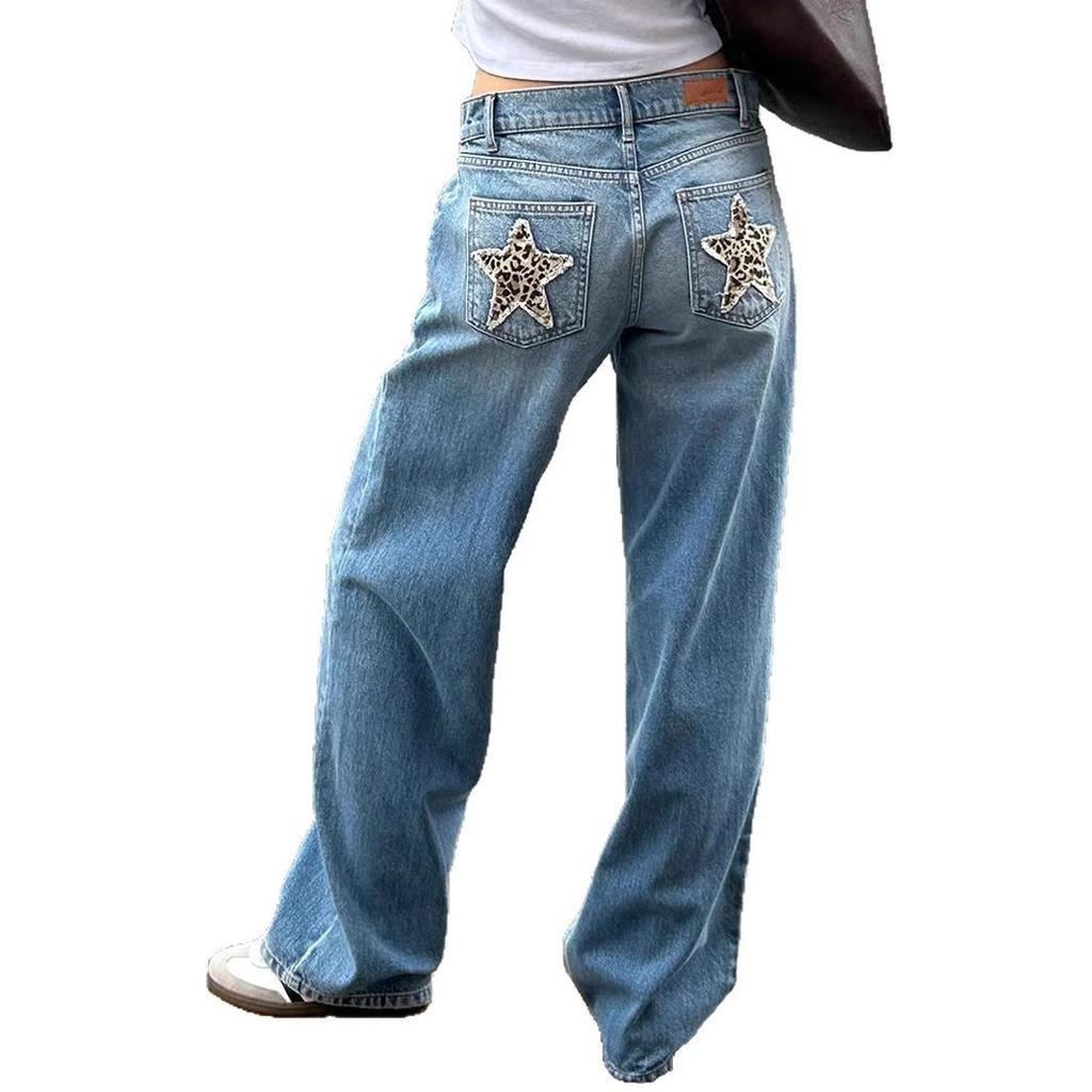 European and American Fashion Retro Street Leopard Print Star Patch Splicing Straight Leg Jeans Womens Loose Casual Pants Jeans