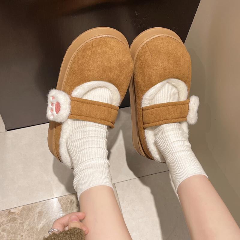 Модные милые плюшевые тапочки из хлопка с украшением в виде кошачьей лапки для женщин 2025 зимние милые замшевые домашние шлепанцы теплые толстая подошва короткий плюш обувь