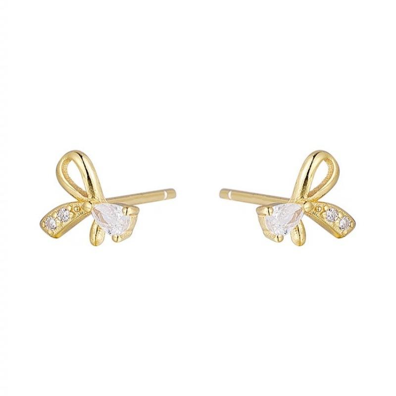 S925 Sterling Silver Bow Diamond Stud Earrings for Women Special-Interest Design High-Grade Delicate Earrings Anti-Allergy