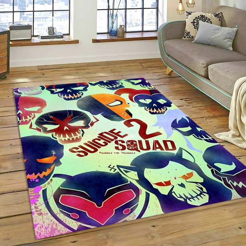 The Suicide Squad rug, inspired by the action movie, is suitable for living rooms, bedrooms, bedside areas, balconies, and other