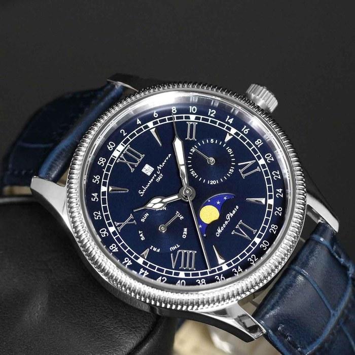 [Salvatore Marra] Watch Moonphase Multi-Calendar 5 ATM Water Resistance Business Formal Men's Leather Belt Limited Edition Silver Blue