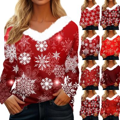 Женская рождественская рубашка с длинным рукавом и принтом снежинок, повседневные свободные футболки с V-образным вырезом