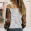 Women Plus Size Asymmetric Cold Shoulder Plaid Printed Long Sleeve Top With Rhinestone Strap Floral Sheer Sleeve