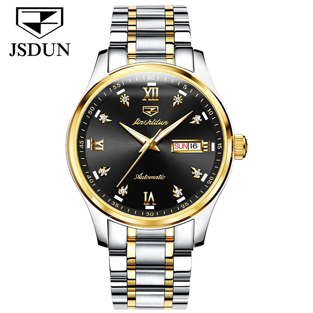 JINSHIDUN Новые деловые и развлекательные мужские часы, полностью автоматические механические часы с двойным календарем и ночной подсветкой, водонепроницаемые часы высокого класса