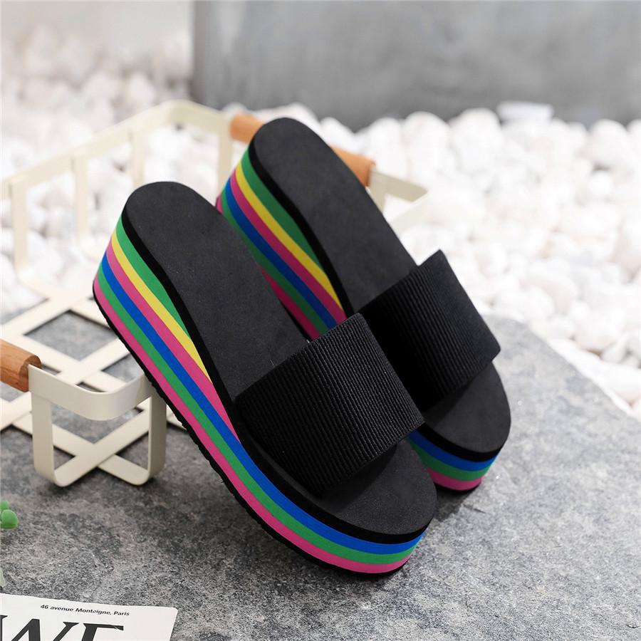 Rainbow Herringbone High-Heel Women's Flip Flops - Summer Beach Sandals