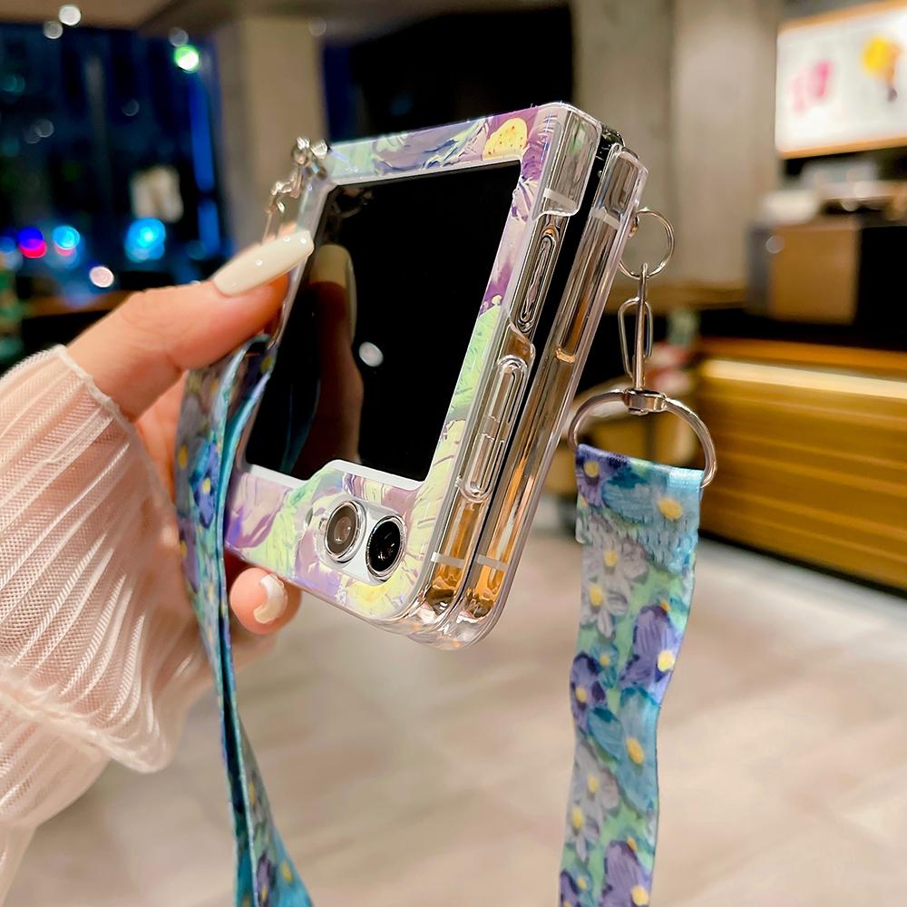 Чехол с ремешком через плечо с цветами и акварельными цветами для Samsung Galaxy Z Flip 5 4 3, милый глянцевый силиконовый чехол с цветочным принтом