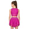 Kids Cheerleading Competition Wear V Neck Crop Top Rhinestone Trim Sleeveless with Built-in Shorts and Asymmetrical Ruffled Skirt