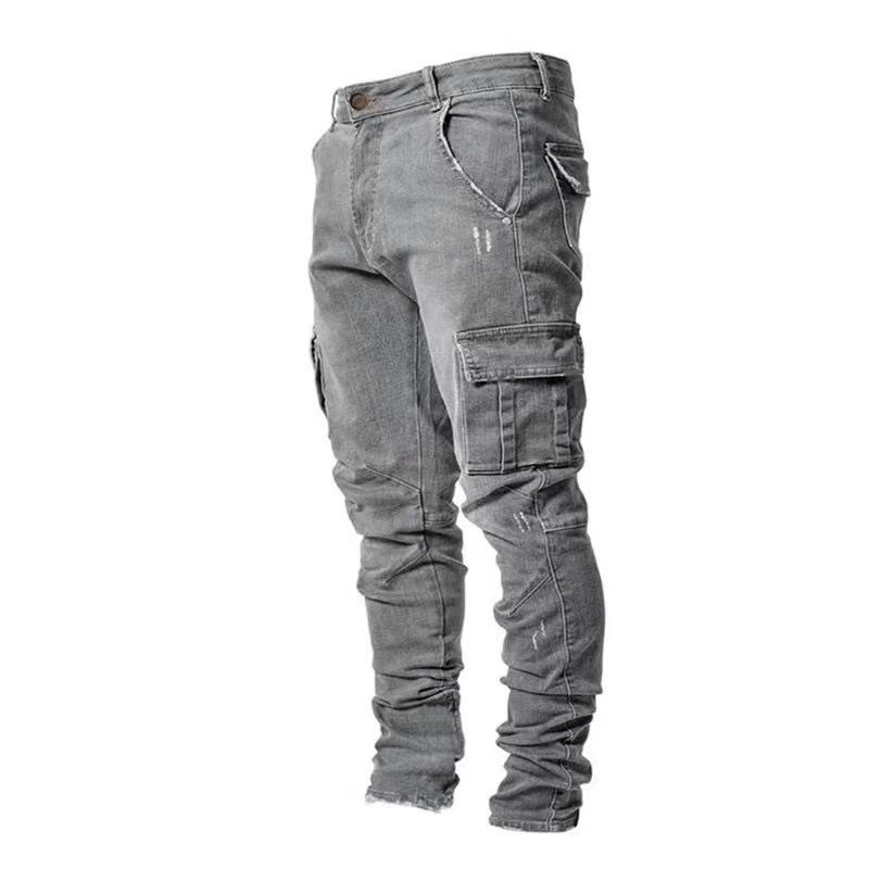 Street Elastic Jeans Men Denim Cargo Pants Wash Pockets Casual Waist Wear Joggers