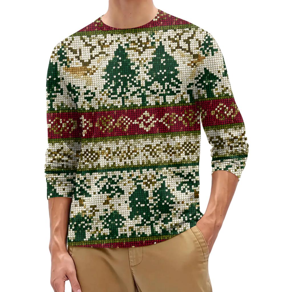 Men's Fashion Printed Round Neck Long Sleeve Bottoming Shirt Top