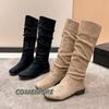 Pleated Boots Women Faux Suede Knee High Boots Winter Woman’s Fashion Slip On Square Low Heeled Knight Round Head Spring Autumn
