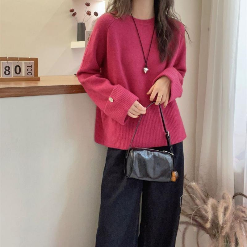 Autumn Winter Round Neck Solid Color Pullover Knitting Top Women Simple All-match Bottomed Sweater