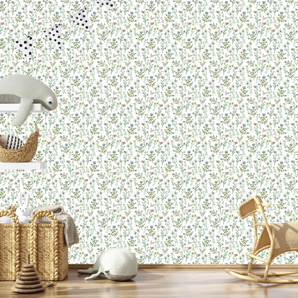Wild Flowers Wallpaper White, Light Gray and Lime 50x1000