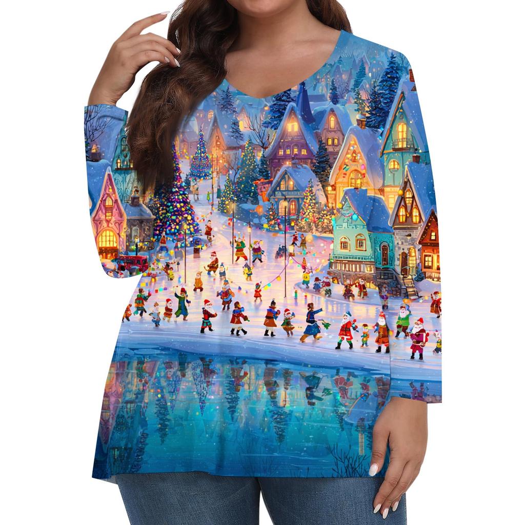 Women's Fashionable Casual Long Sleeved Plus Size Print Top Plus Size Floral Print Top