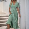 Женские модные летние весенние однотонные повседневные платья с v-образным вырезом и короткими рукавами и высокой талией