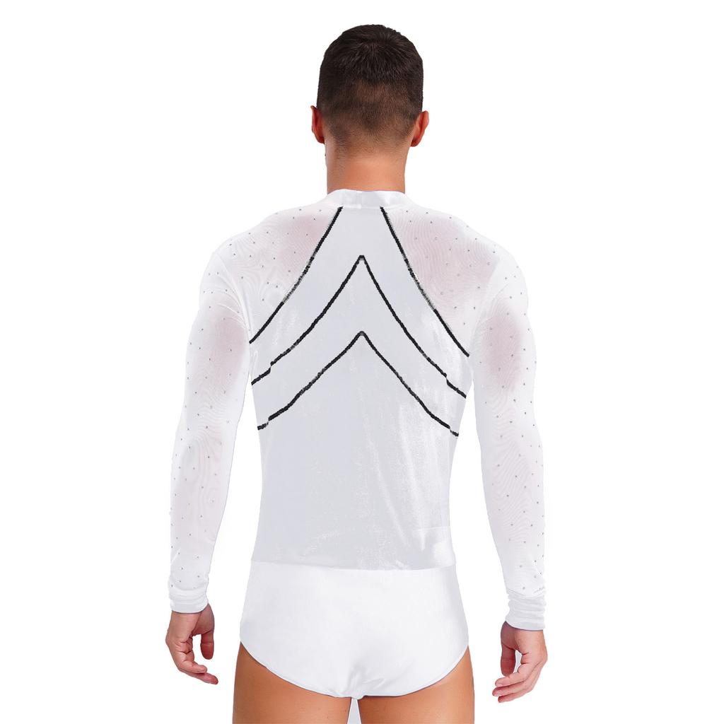 Men Latin Dance Leotard Mesh Long Sleeve Deep V Neck Velvet Shiny Rhinestones Bodysuit