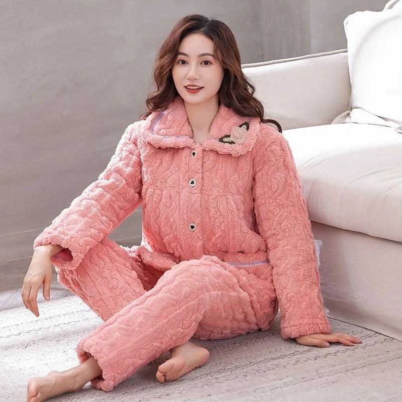 Pyjamas Women's Winter Coral Fleece Cotton Set New Winter Plus Fat Plus Size Plus Thick Fleece Home Wear Embroidery Pocket