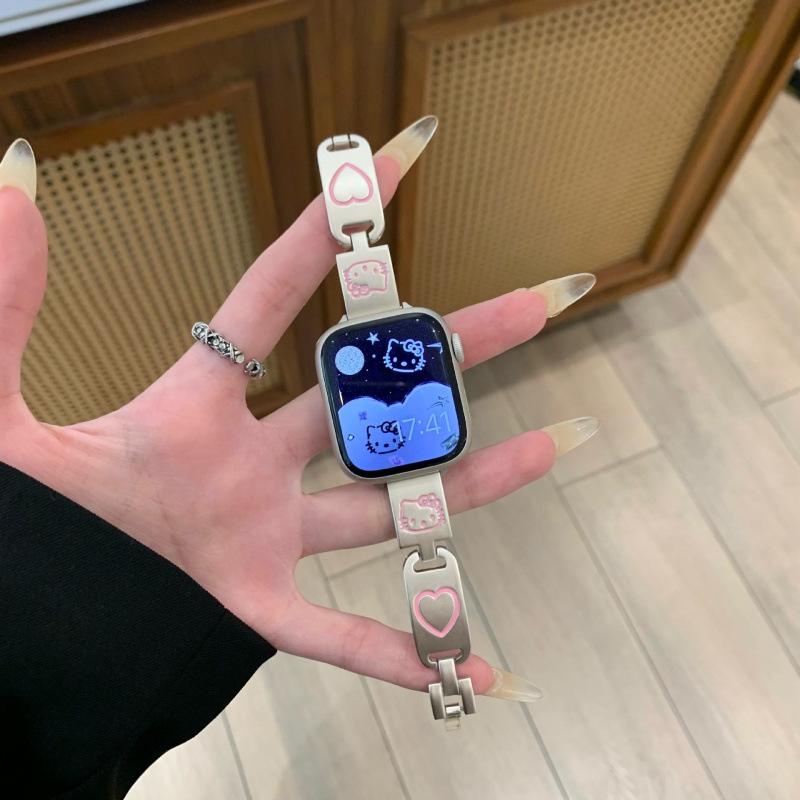 Тонкий металлический ремешок с граффити Hello Kitty 'Love' для Apple Watch 8 - Женский iWatch976