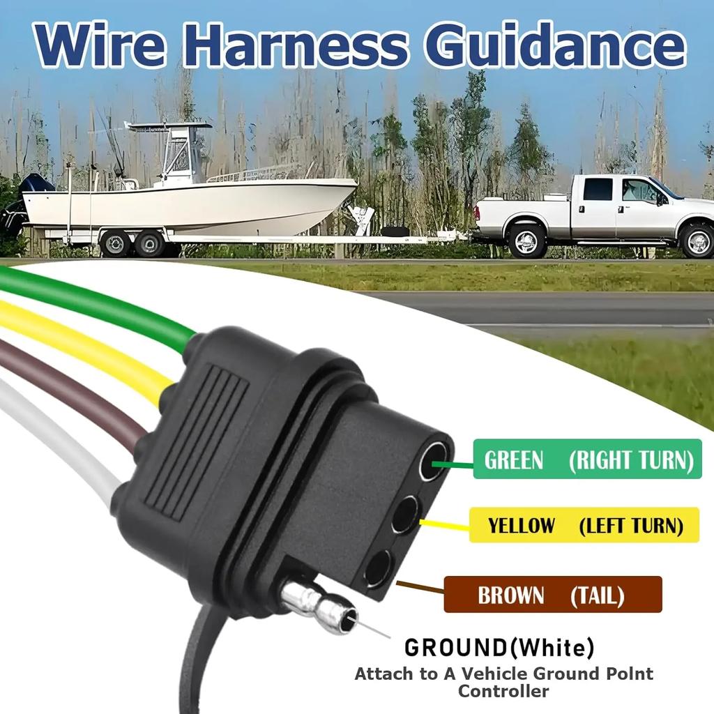 Universal Waterproof 7 Way Round to 4 Way Flat Adapter Trailer Wiring Harness Power Supply Extension Cord for Trucks RV Pickups