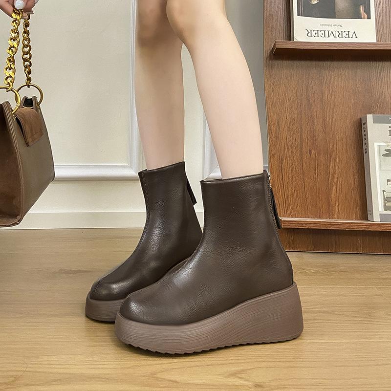 Короткие ботинки на танкетке, женские, осенне-зимние, новые, простые, на толстой подошве, теплые, модные ботинки, удобные, ботинки для мамы
