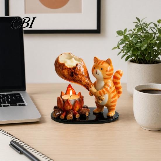 Rustic Cabin Candle Holder Campfire Animal Tealight Holder, Durable Resin with Cat Cozy Camping Decoration Fox And Dachshund Figurines, Warm