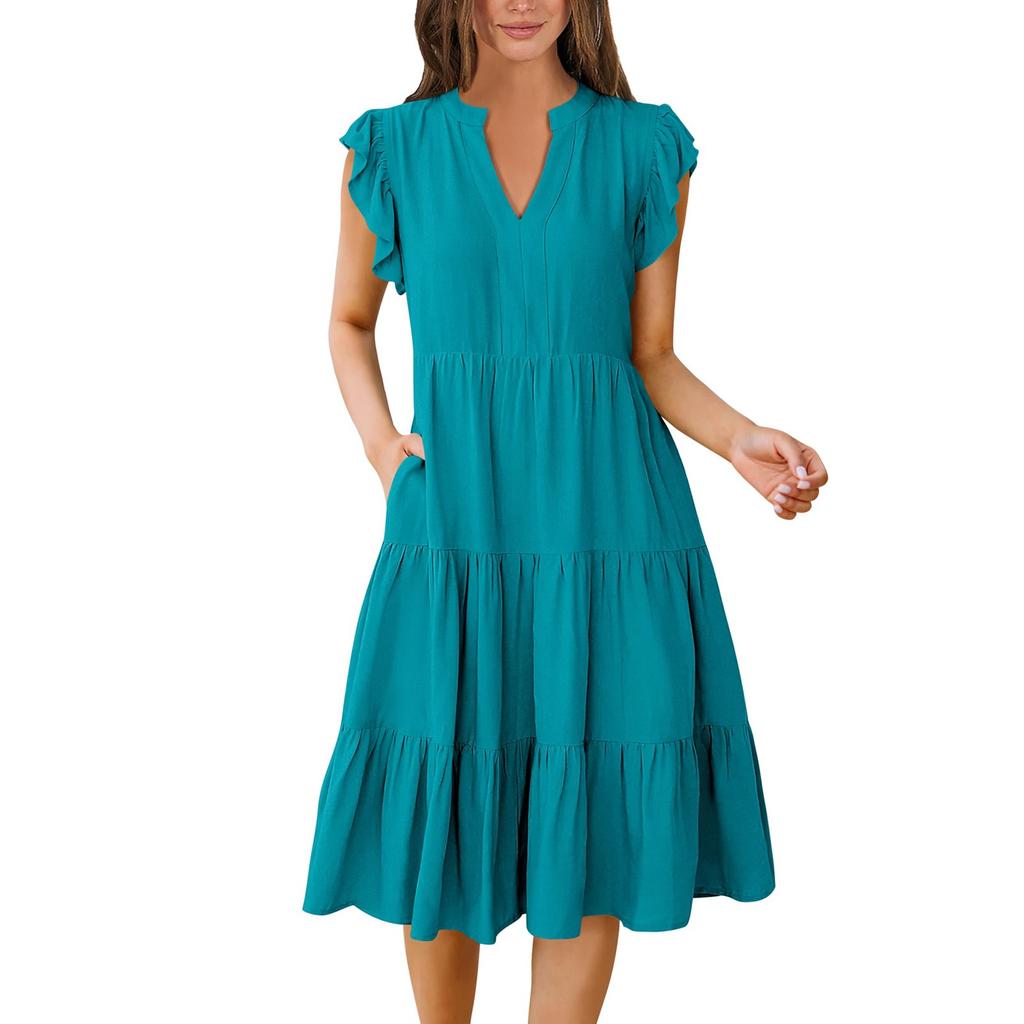 Женские богемные однотонные летние повседневные многослойные платья с v-образным вырезом и рюшами на рукавах