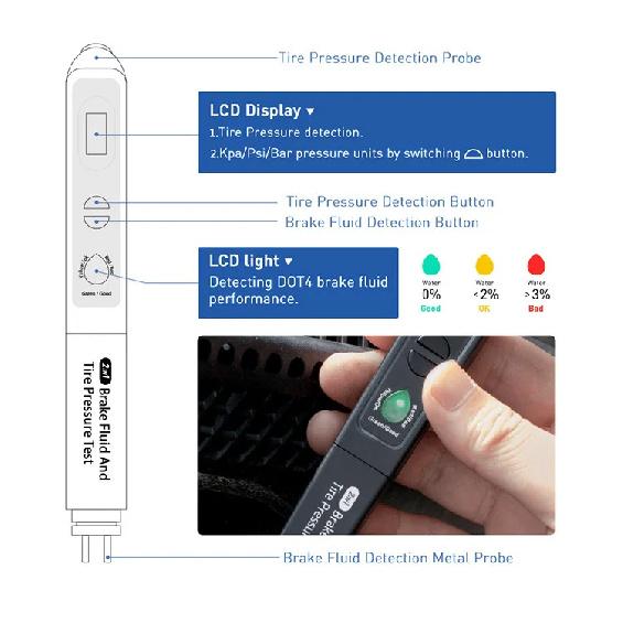 Brake Fluid Tester Tire Pressure Monitoring Meter Two In One Brake Fluid Water Content Test Pen Brake Fluid Test Pen