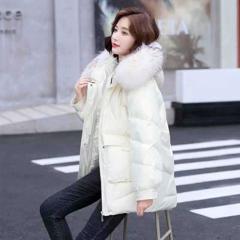 Women Jacket Winter Coat Fur Collar Hooded Glossy Overcoat Female Cotton Padded Parka Waterproof Outwear