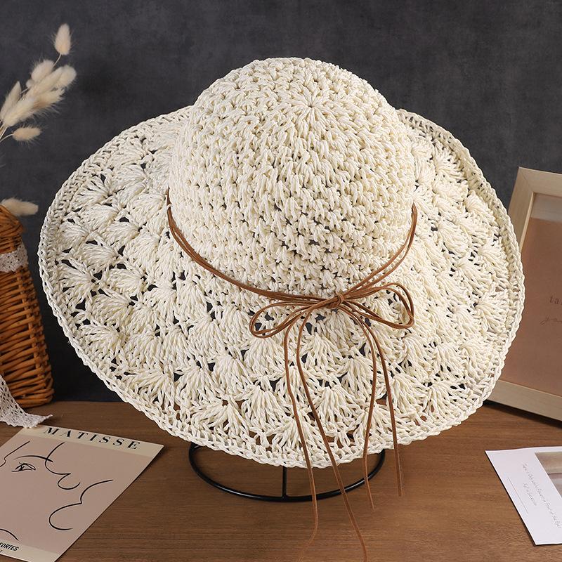Женская соломенная шляпа с кружевным бантом, летняя шляпа с защитой от солнца, модная складная шляпа