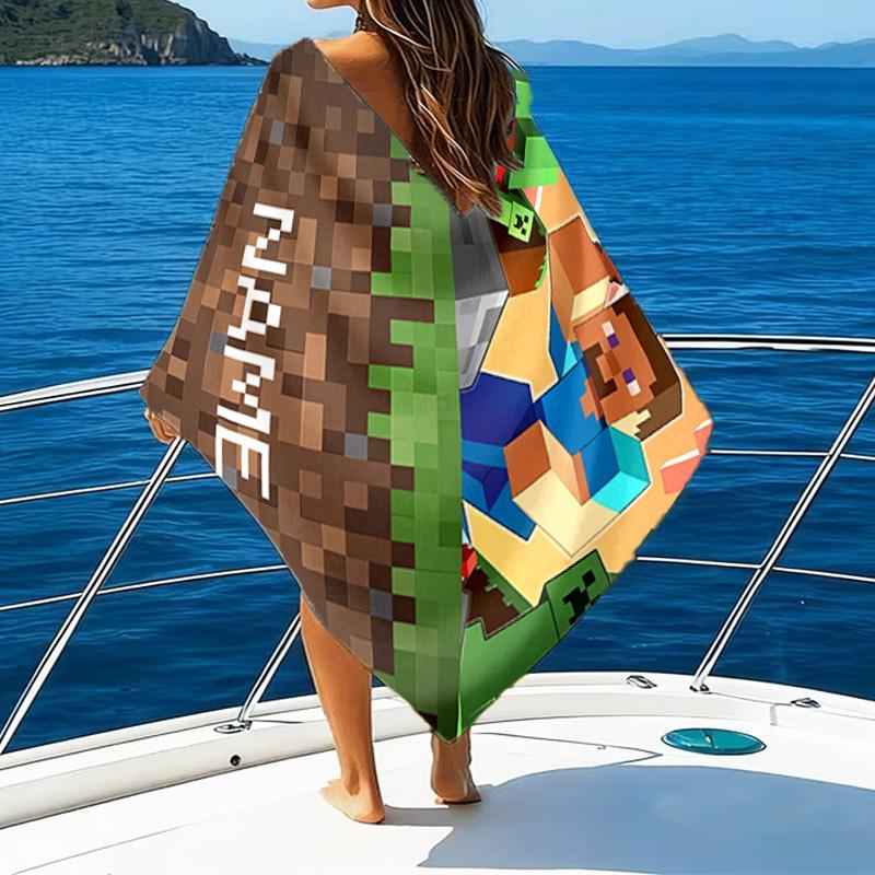 1pc Minecraft3 Beach Towel with Custom Name, Beach/Swimming/Bath/Picnic/Camping Towel, Suitable for Seaside Beaches