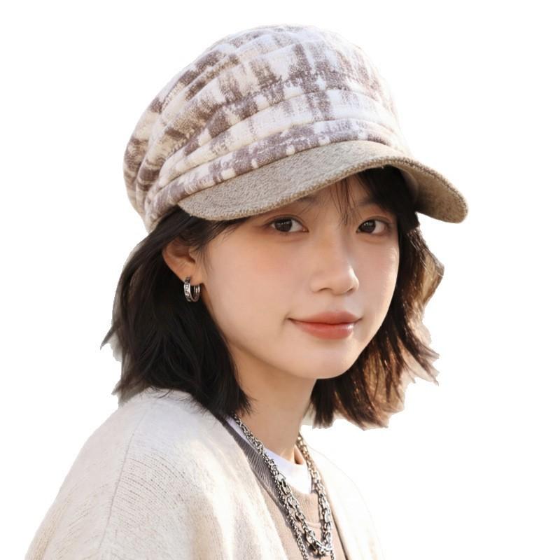 Womens Vintage Plaid Newsboy Cap With Short Brim - Lightweight Warm Beret Style Hat Winter