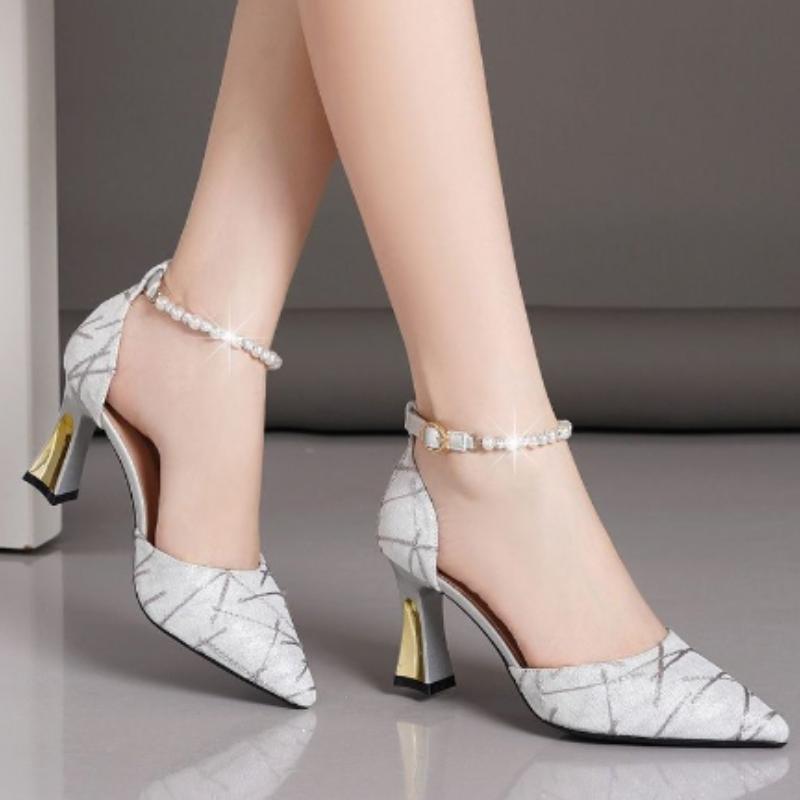 Модные туфли-лодочки с бусинами, заостренные женские туфли на высоком каблуке, босоножки на каблуке, женская обувь класса люкс, женская обувь 2024 года, трендовые туфли Мэри Джейн на каблуке