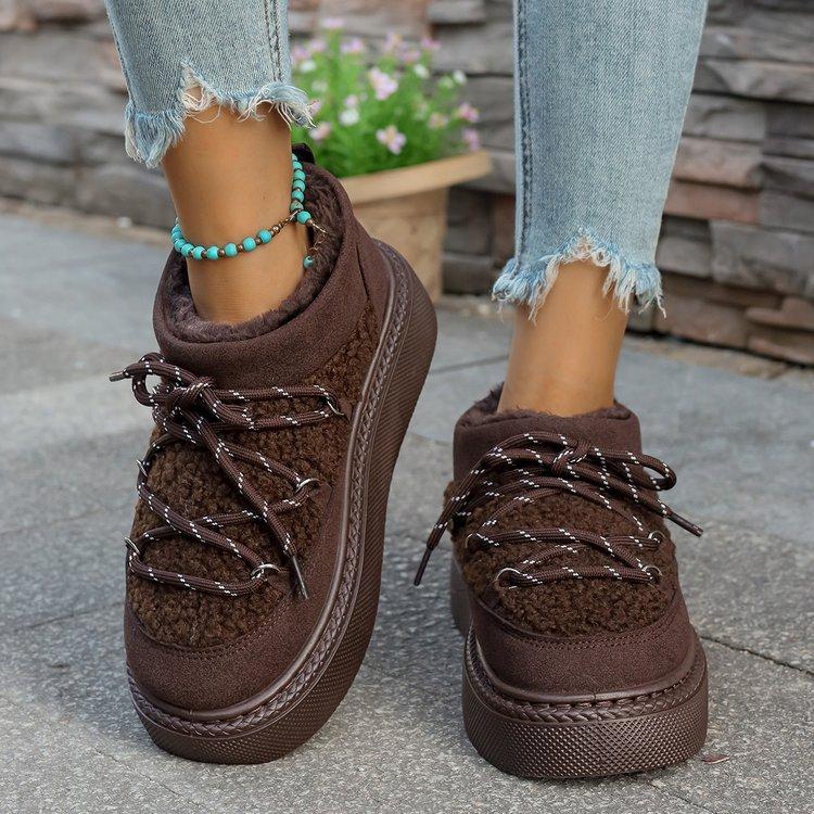 Модные женские круглые короткие ботинки с носком внахлест, плюшевой шнуровкой спереди на платформе, нескользящие износостойкие хлопковые ботинки 2025 Зимние сапоги для снега