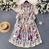 Autumn Holiday Vintage Print Flower Long Dress Women's Stand Full Sleeve Lace Up Belt Party Robe Loose Dresses