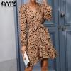 Женская мода лето весна леопардовый принт с длинным рукавом V-образным вырезом с высокой талией повседневные платья
