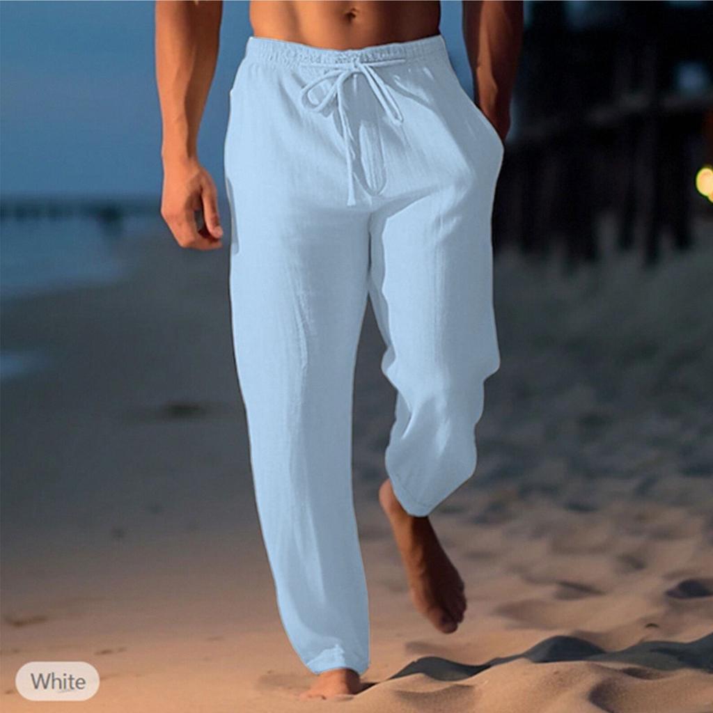 Брюки из хлопка и конопли, летние брюки, пляжные брюки, эластичный пояс на шнурке, прямые штанины, удобные, дышащие, повседневные мужские брюки