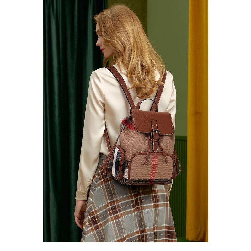Backpack for Women's Trendy New Classic Plaid Bag with Leather Backpack Fashionable Women's Bag