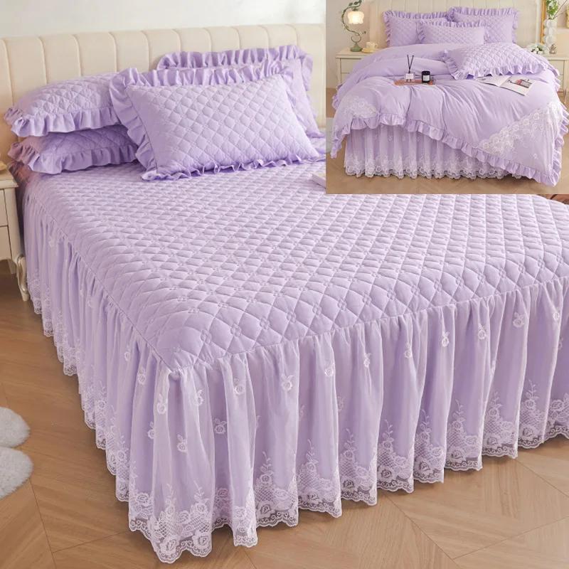 Однотонная клетчатая кружевная вышитая юбка-кровать, утолщенная стеганая пылезащитная наволочка, моющиеся нескользящие простыни, постельные принадлежности
