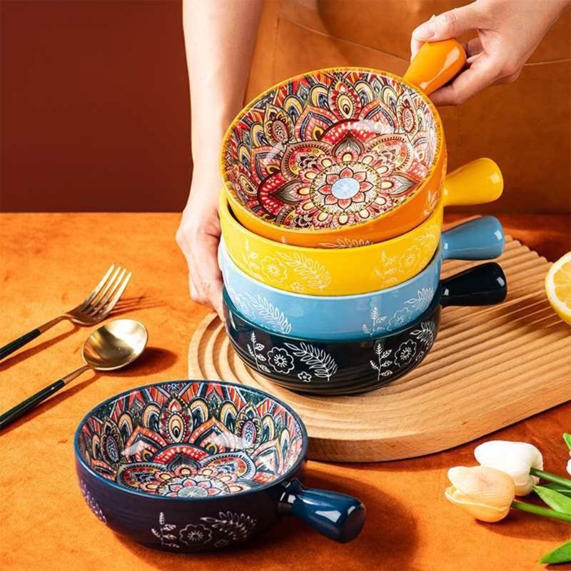 Bohemians Ceramic Handled Soup Bowl Serving Bowl Suitable for Oven and Microwave Safe Use Easy Cleaning Dishwasher Safe