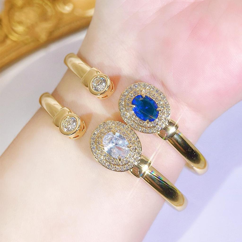 CMM Modern Jewelry European Fashion Sapphire Color Zircon Opening Adjustable Bracelet Bangle Golden Woman All-Match Jewelry Accessories