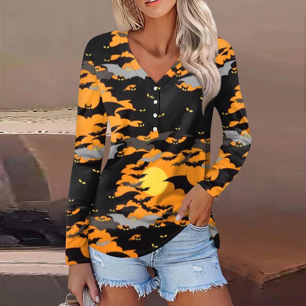 Women's Casual Fashion Sexy Comfort Halloween Printed V-Neck Button Long Sleeve