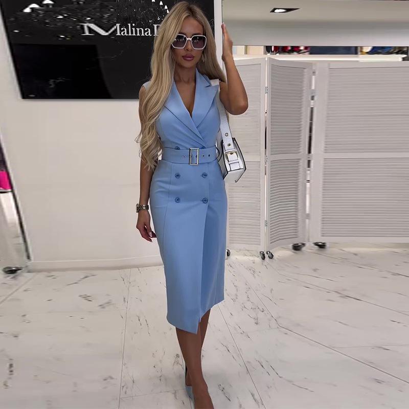 2024 Элегантное длинное платье без рукавов: Европейский и американский стиль с отложным воротником