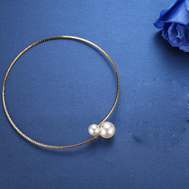 Gold-Plated Silver Women's Necklace & Bracelet Set with Pearls and Rhinestones