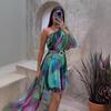 2023 Green One-Shoulder European and American Print Dress
