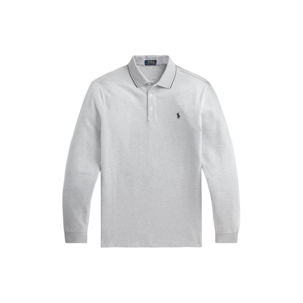 Polo Ralph Lauren Striped Trim Small Pony Embroidered Casual Long Sleeve Polo Shirt Men Tops Light-Gray MNPOKNI16821196-020
