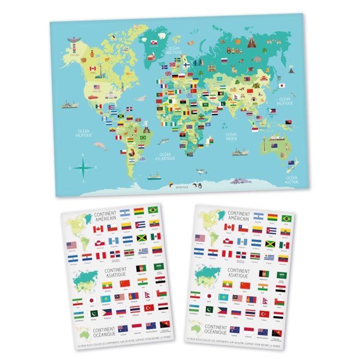 MégaCréa DIY - Carte du monde pour enfant avec stickers drapeaux 66 x 44 cm