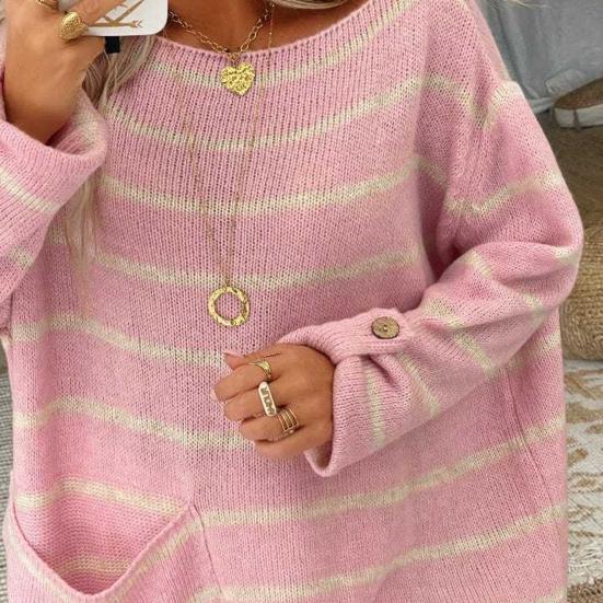 Women Autumn Oversized Sweater Elegant O-Neck Long Sleeve Striped Splicing Color Pocket Loose Pullover Elegant Knitting Jumper
