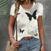 Summer V-neck 3D Butterfly Printed Top Fashionable Casual Short Sleeved Women's T-shirt